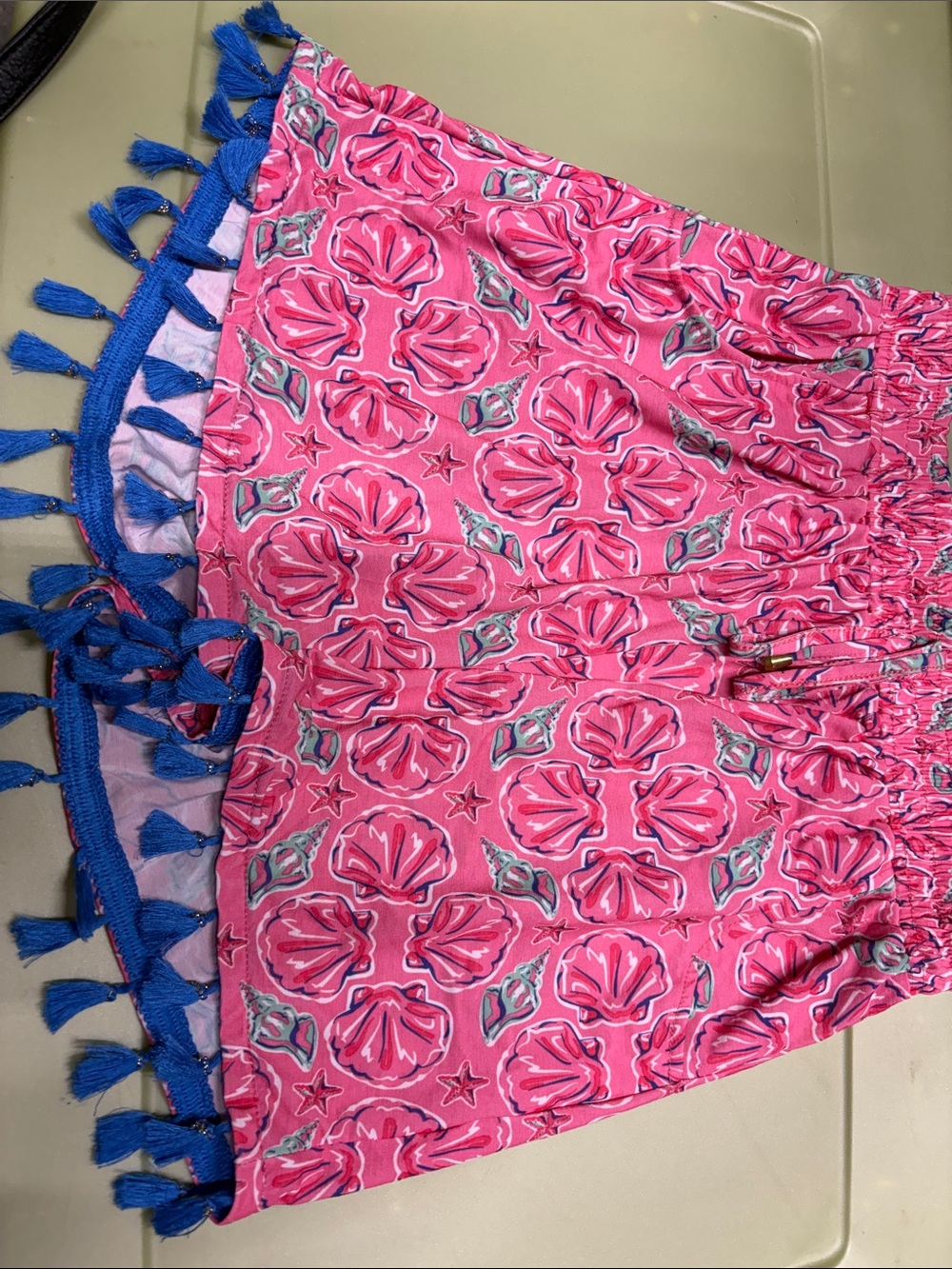 Simply Southern Pink Shell Print Tassel Shorts with Blue Trim